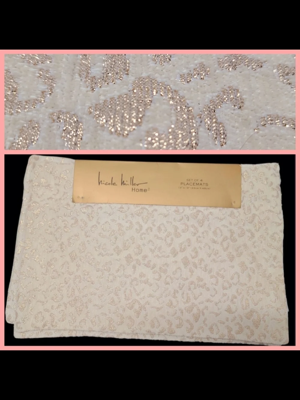 4 Nicole Miller Metallic Rose Gold Leopard Cheetah Animal Print Placemats NEW